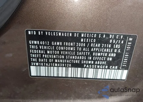 2014 Volkswagen Jetta 2.0L S from USA, damaged, VIN 3VW1K7AJ1EM439126